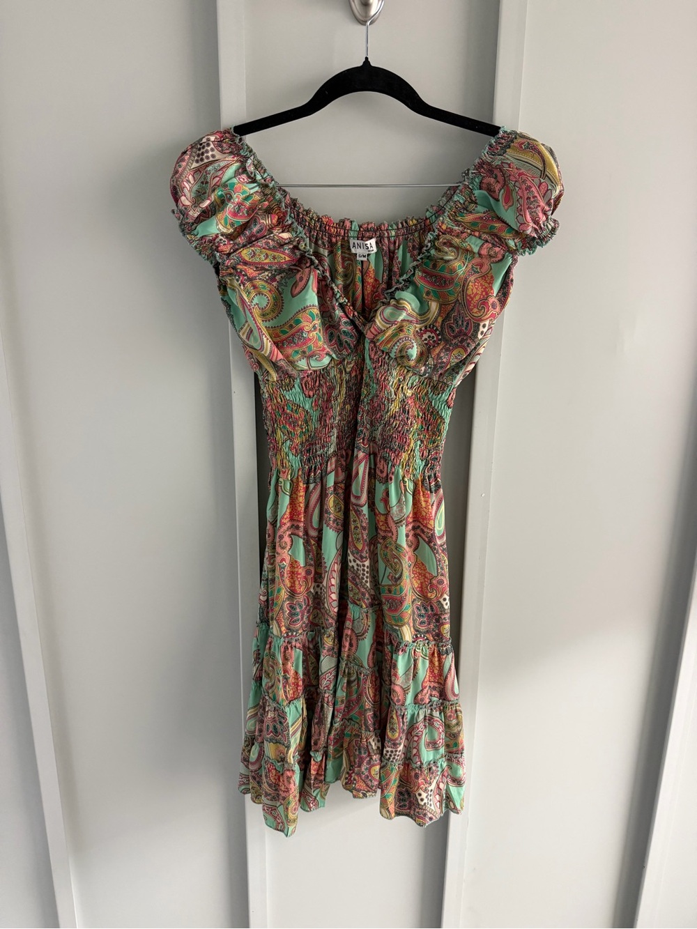 Anisa Spain Multi-Colored Green Orange Paisley Smocked Mini Dress - Size S/M - Picture 4 of 13